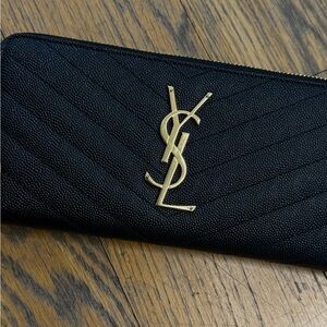 Saint Laurent Black Leather Wallet with Gold Accents